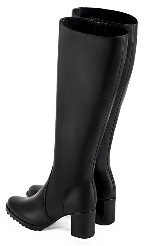 Satin black women's riding knee-high boots. Round toe. Medium block heels. Made to measure. Rear view - Florence KOOIJMAN
